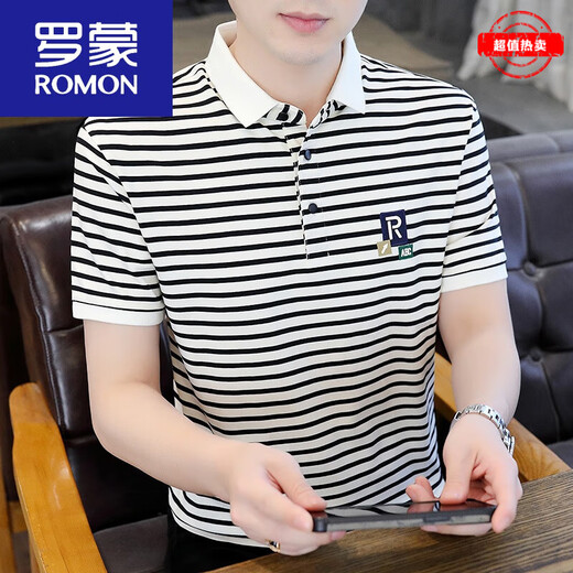 罗蒙（ROMON）polo.衫男士翻领短袖t恤条纹夏季2025新款男装半袖体恤T 黑色ZMNTB653圆*领 3XL 建议150-165斤
