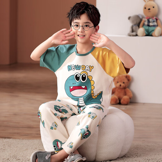 MANNIDO Jungen Pyjama Kinder Frühling und Herbst Baumwolle Dünne kurzärmelige Hose große Kinder Sommer reines Baumwolljunge Home Kleidungsstück F724 [kurze Länge] 120 12 Größe empfohlen 115-125 cm