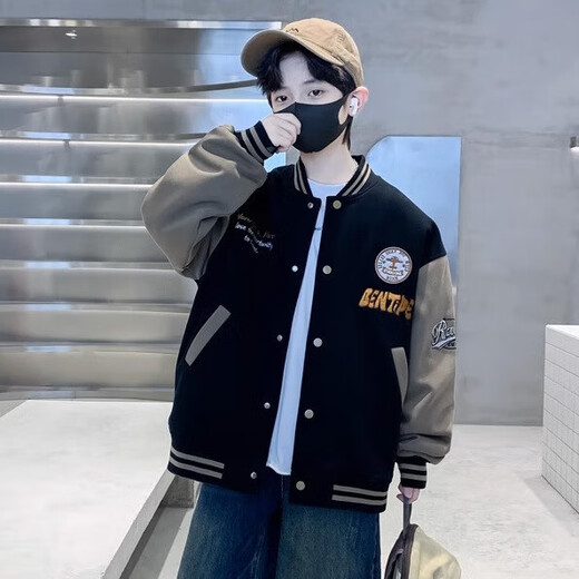 Children's coat baseball jacket thick velvet boys spring autumn winter 2024 new medium and large children's clothing boy jacket top wj-01-black-velvet thickened 160