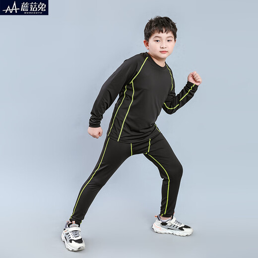 Mushroom Rabbit (MOREGOTO) fat boy training clothes tights loose big children boys sportswear teenagers plus weight enlargement basketball uniform black green line 150 plus weight plus size suitable for 100Jin Jin is equal to 0.5 kg, left and right wear
