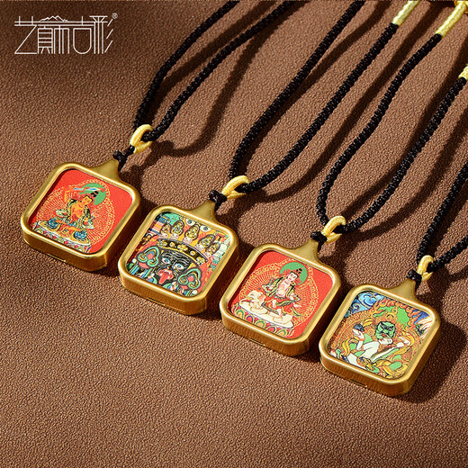 Yidian Jicai hand-painted gold <Yellow God of Wealth> thangka pendant ethnic style couple gift necklace gift Manjusri decorative pendant Style 1-Black God of Wealth 1 piece