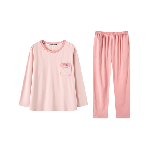 Fenton Anti-mite Pure Cotton Contrast Color Round Neck Casual Wearable Home Clothes Set Bean Paste Powder - Women's 2XL