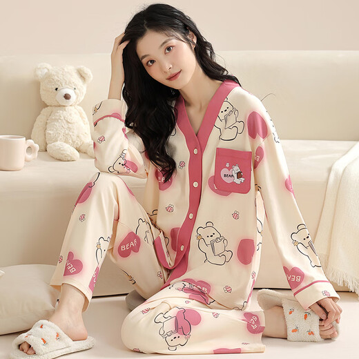 Hong Kong Lianya pajamas women's spring and autumn long-sleeved neck summer thin loose outer cotton suit home clothes -9902 M guaranteed full
