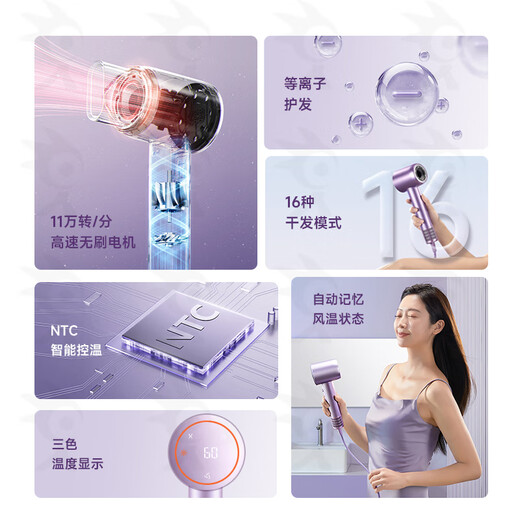 Sharp upgraded model home hair dryer, high-speed hair dryer, fast drying, low noise, positive and negative plasma, high wind power, intelligent temperature control, hair care, hair care, bass hair dryer, high power, light purple, upgraded model with display screen + 3 levels and 6 temperatures