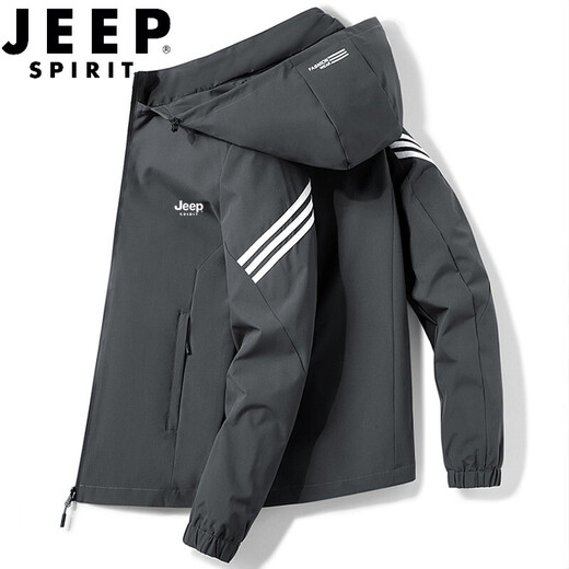 JEEP SPIRIT吉普夹克男外套上衣男士秋冬季薄款新款纯色潮流中青年连帽茄克衫 A655-6628深灰色 5XL (176斤-185斤)