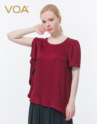 VOA silk heavy dark red round neck asymmetric short sleeve three-dimensional loose leaf elegant loose-leaf BE672 Floating red flowing elixir (H7) M