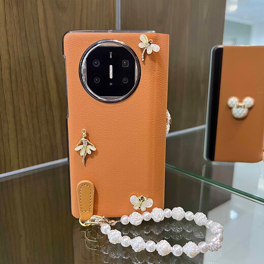 狮凯盾【智能视窗 | 免翻盖接听】华为MateX7手机壳全包matex6典藏版折叠屏高档皮套超薄X5防摔带手链女 【枫叶橙-全包翻盖】芭蕾女孩+金属米妮+玫瑰花手链 华为 Mate X5