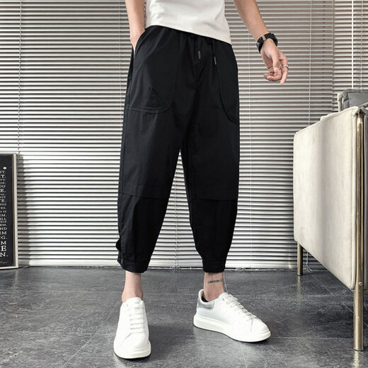 
JIAYE (JIAYE) Cropped Pants for men's summer thin loose trend 8-point pants casual versatile ice silk harem cool pants student L01 black thin style larger S