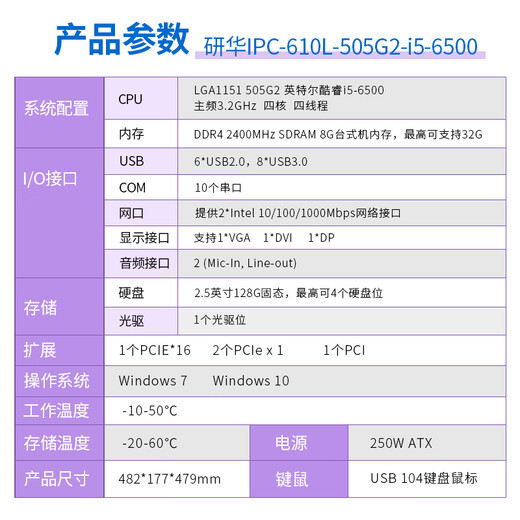 DWTPC点微研华工控机IPC-510/610L工业电脑主机i7双网口服务器冗余电源主板4U机箱视觉检测 684G2/I3-6100/8G/128G/SSD 研华IPC-510 250W
