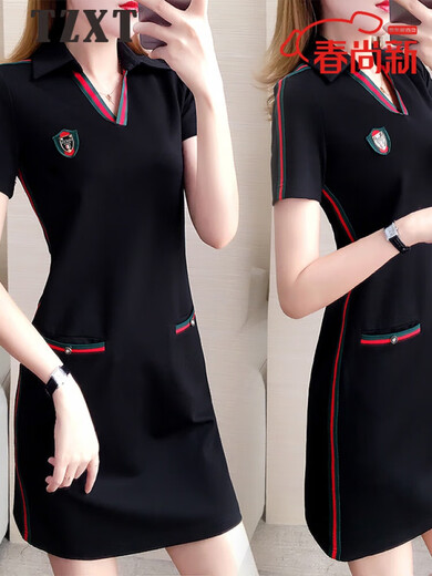 Tzxt Turning Brand Light Luxury Casual Sports Vestido de manga corta para mujeres Summer sueltos Nuevos delgados de cuello de polo delgado Falda de camiseta recta 1595 Black M Recomendado 95-105Jin [Jin iguala 0.5 kg]