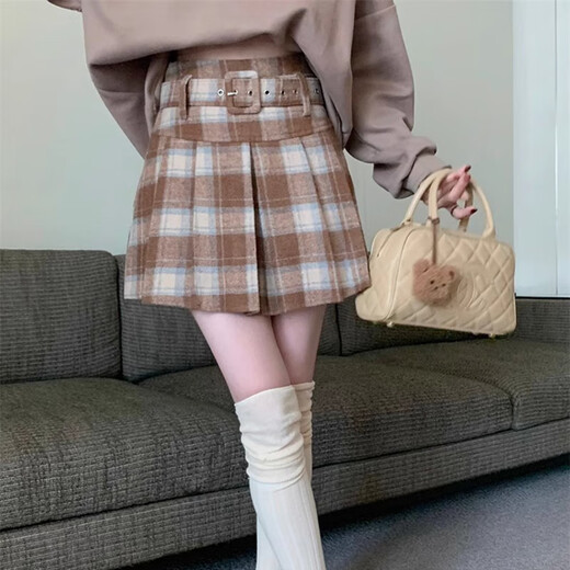 Miao Yijia Short Skirt Autumn and Winter Skirt Women's Pleated Skirt Skirt Plaid New Woolen Winter Skirt A Line Skirt New 2025 Retro Plaid Woolen Khaki Skirt M Recommendation 95-110Jin Jin is equal to 0.5 kg
