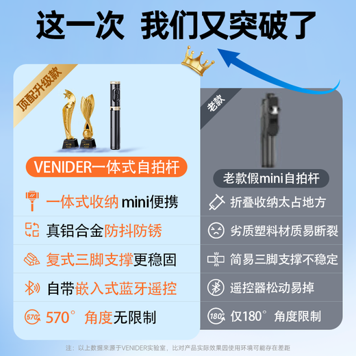VENIDER【一体式便携】手机自拍杆伸缩迷你三脚架旅行自拍神器360度旋转全自动多功能防抖便携演唱会支架