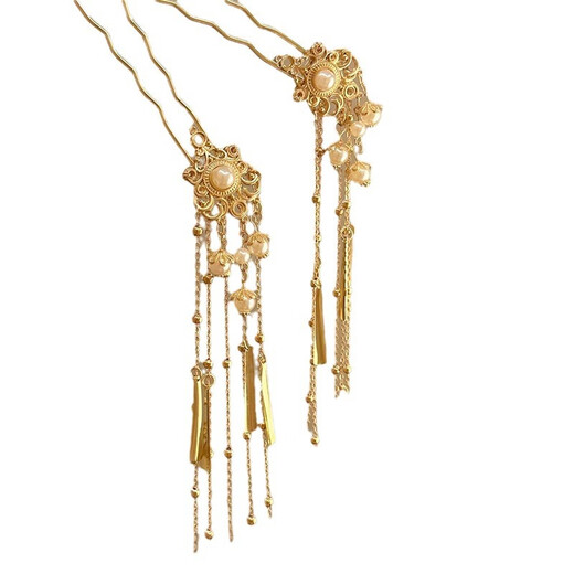 WEISHINI Nancheng Haori National Style New Chinese Style Pearl Gold Tassel Step Shaking Hairpin Hair Accessory Feminine U-shaped Hairpin Headpiece Imitation Pearl Tassel Hairpin Single A10-202