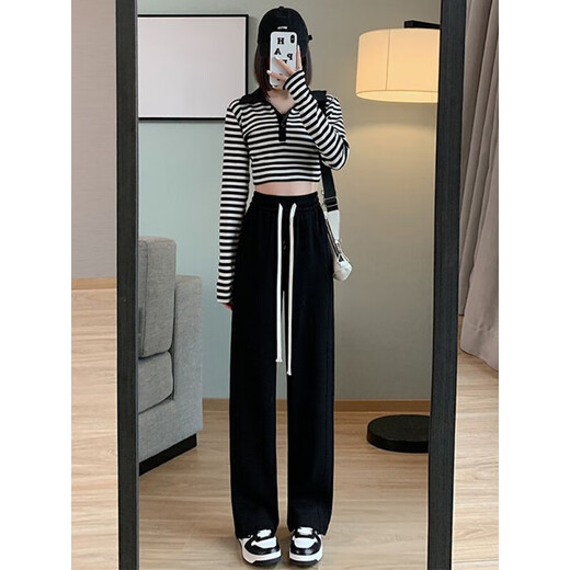 棉致薄款窄版高腰裤子女夏季新款宽松直筒阔腿休闲裤运动卫裤 深灰色【834加绒高品质32.5】 2XL 136-150斤