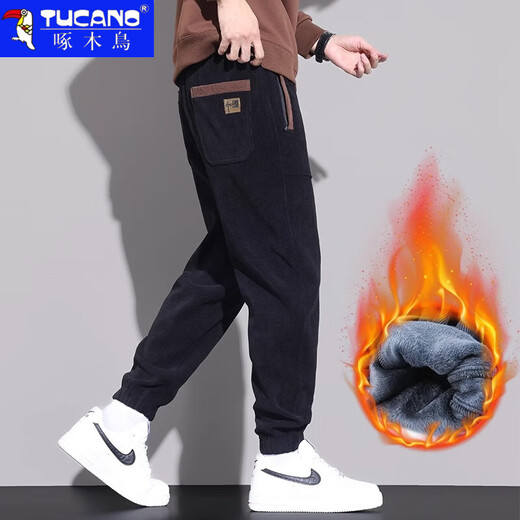 Woodpecker Casual Pants Men's 2025 Autumn and Winter Versatile Velvet Thickened Men's Nine-Point Leg Pants Men's Slim Loose Pants Men's Pants 260 Black Velvet XL Recommended 120-145 Jin Jin equals 0.5 kg