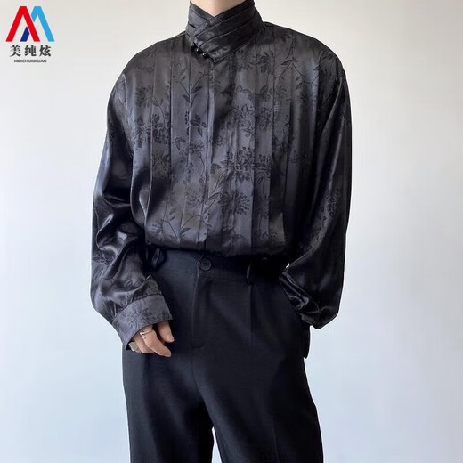美纯炫宫廷风复古新中式暗纹提花缎面高领长袖衬衫男歌手演出礼服感 白色 M