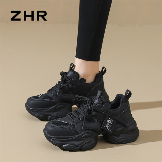 ZHR老爹鞋女运动跑步厚底休闲鞋女潮流透气舒适拼接女鞋 G673黑色 35