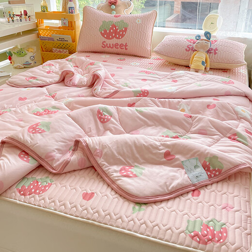 MI AOKE Ice Silk Latex Cool Mat Four-Piece Set of Summer Washable Children's Student Dormitory Bed Singles Soft Mat Girls Mattress Striped Wang [Latex Cool Mat + Summer Quilt + Latex Pillow Cover 1.5m (5 feet) Bed