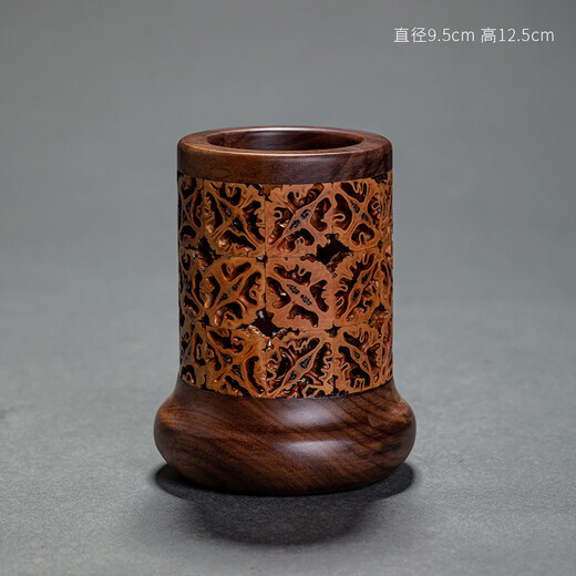 汇茶茶具六君子茶道配件收纳筒 胡桃木镂空笔筒 核桃复古中国风茶道筒 斗型茶道筒(HB-6623) 胡桃木