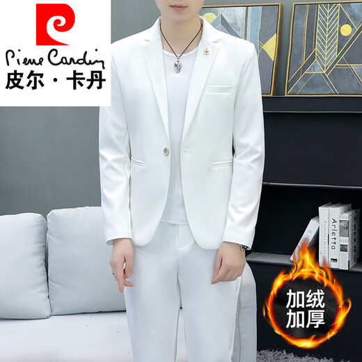 Pierre Cardin suit men's suit 2025 new winter velvet Korean style jacket casual and handsome white suit two-piece set white 4XL