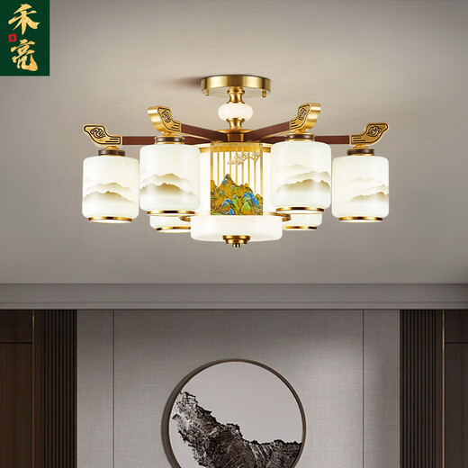 Heliang nuevas lámparas de sala de estar de lámparas chinas, toda la madera de cobre sólida, faros delanteros de construcción de dúplex de alta gama, comedor, estilo chino 9906 Qianlijiangshan-Copper+madera+hierro+jade-24 cabezas