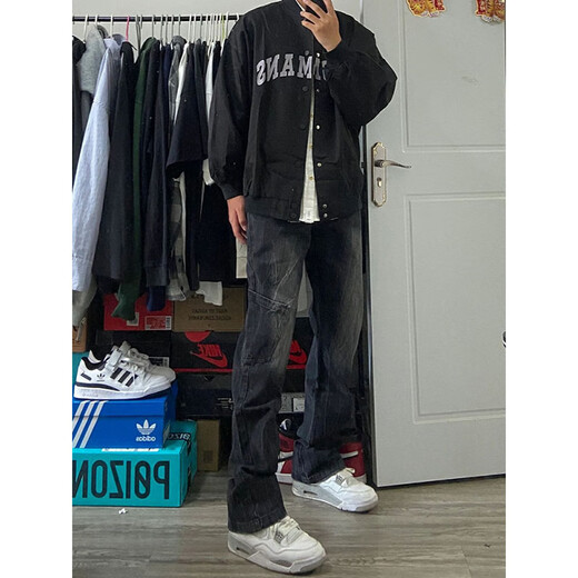 7 hochwertige amerikanisch gewaschene Jeans für Herbst und Winter neuer Stil neuer Stil loser Weitbein trendiger High Street Casual Straight Work Hosen WKXS-K683 Black L.