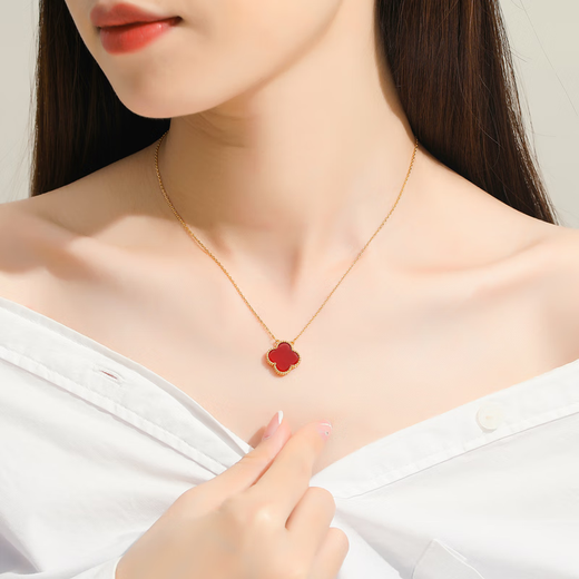 Fat Donglai's same 18K gold four-leaf clover pendant necklace for girls K rose gold light luxury silver plated niche 2025 new four-flower necklace gold color red agate
