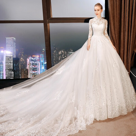 BALITOMMS light wedding dress new bride trailing dreamy European and American long-sleeved palace French conservative female wedding dress custom-made floor-length S