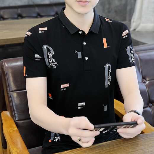 榜尊新品印花短袖纯棉t恤男Polo带领体恤修身汗衫潮流打底衫上衣装 黑色 XL(120斤-135斤)