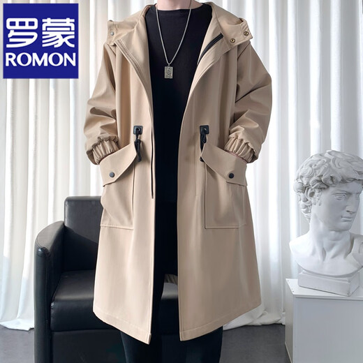 罗蒙（ROMON）风衣外套男中长款春秋季高级感大衣2024新款冬季休闲男装男士衣服 加厚 F174黑色【加棉】 2XL 170-190斤