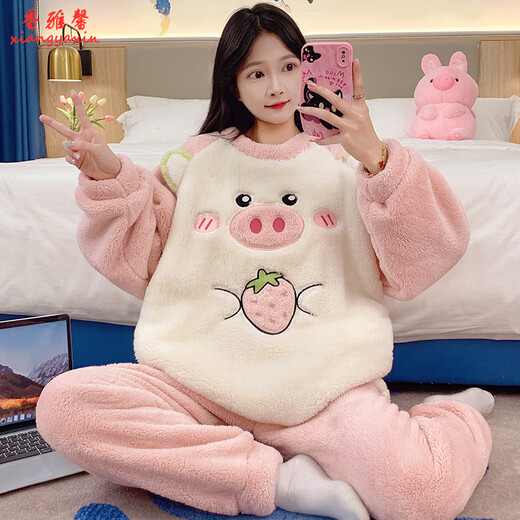 香雅馨珊瑚绒睡衣女春秋冬季加厚保暖甜美可爱法兰绒学生家居服套装卡通 3271蓝兔 L