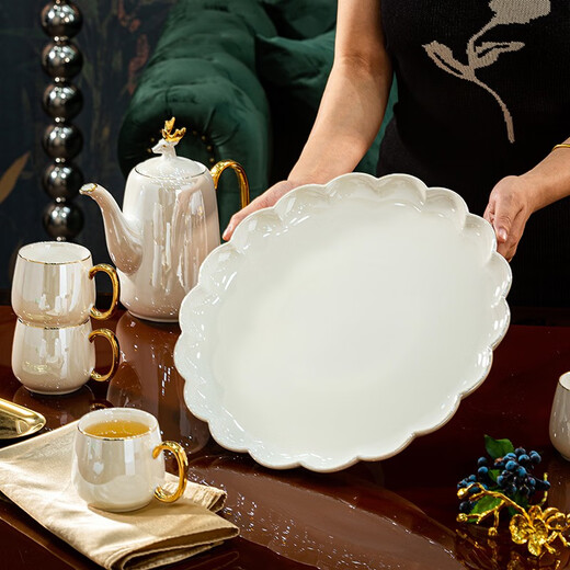 Huangtong Jingdezhen Ceramic Water Set Light Luxury Nordic Style Tea Set High-end High Temperature Living Room Home Water Cup Teapot Teacup I’ll Have You All the Way Pearlescent White Water Set