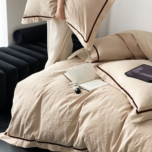 Snowsman pure cotton bed four-piece set, cotton embossed jacquard quilt cover, high-end bedding, Maillard simple wabi-sabi style bed sheets