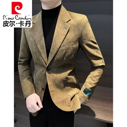 皮尔卡丹鹿皮绒西装外套男士2024新款春秋季商务感时尚休闲西服夹克男 棕色 3XL