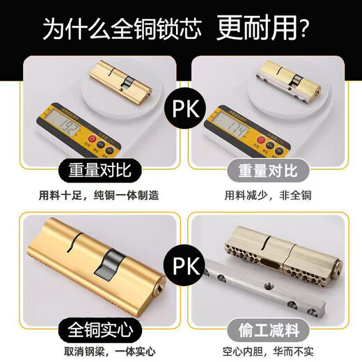 Shantoulincun Full Copper Lock Core Security Door Universal Lock Core Core Super C-Klingen-Anti-Plitten-Schloss Core ABC mit Key Lock-Tür 13540+95