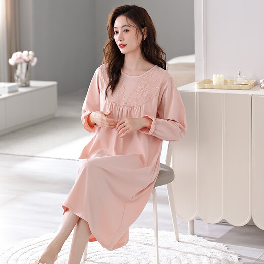 Langsha Nachthemd für Frauen im Herbst reine Baumwoll-Langarm-Brustpads Pyjamas 2023 Neue Frauen weiche und lässige Heimkleidung 673 Weichpulver (mit Brustpolster) XL [165-170 cm/120-145jin [Jin gleich 0,5 kg]]