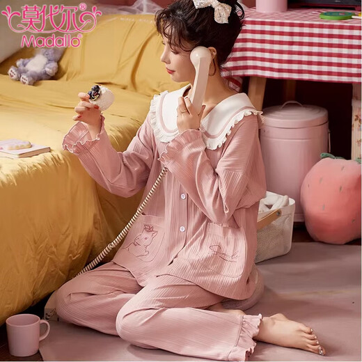 Pajama modal Pajamas Primavera y otoño Algodón puro Cárdigan de algodón larga Distal y linda ropa de algodón de algodón Juego de ropa de gran tamaño JM3527 M [80-98Jin [Jin iguala 0.5 kg]]]