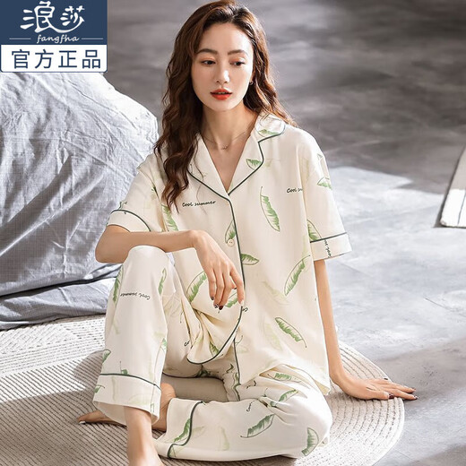 浪莎睡衣女士夏季短袖长裤家居服薄款中年妈妈宽松加大码套装 烟雾蓝M-9921 2XL 【建议b140-160斤】