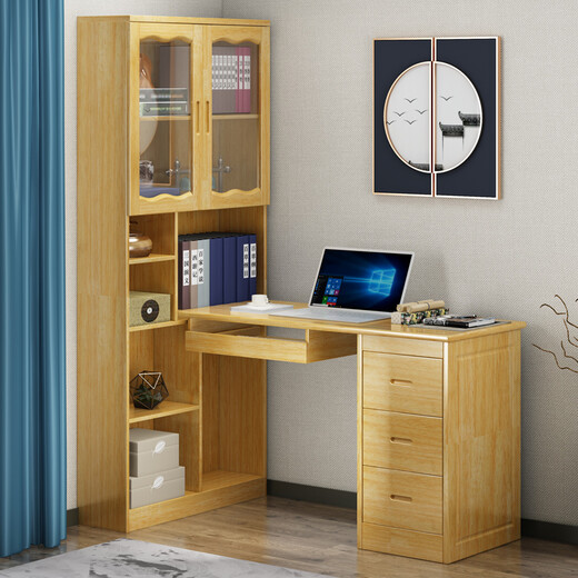 Yuanlin beam material Chinese style all solid wood desk bookshelf combination home writing desk bedroom solid wood one-piece corner computer desktop table 1.4 meters walnut color