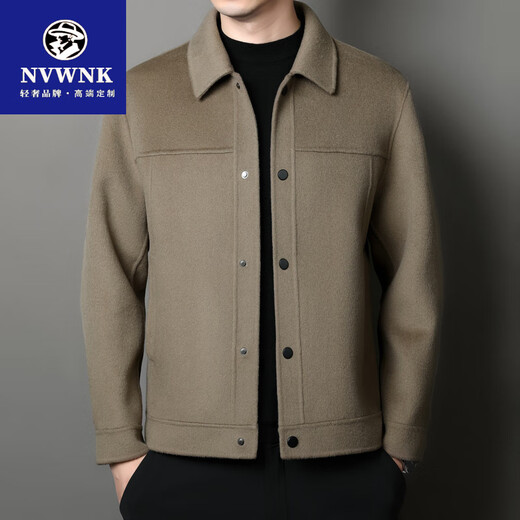 NVWNK double-sided woolen short coat men's autumn and winter trendy casual woolen coat lapel high-end cashmere jacket khaki 170/M suitable for 110-135Jin Jin equals 0.5 kg