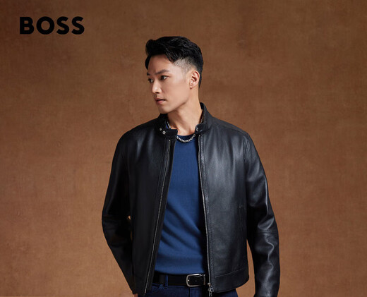 BOSS Motorcycle Style Sheepskin BOSS Men's Autumn 2024 New Stand Collar Double Zipper Retro Style Leather Jacket 001-Black 48