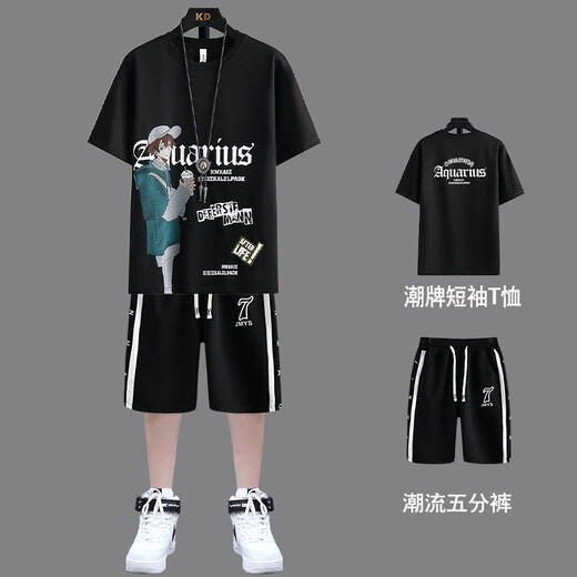 诚婕青少年短袖短裤套装男孩子夏季t恤大童初中学生新款潮流运动休闲 两件套【15816白色+短裤】 M 165 适合75-95斤