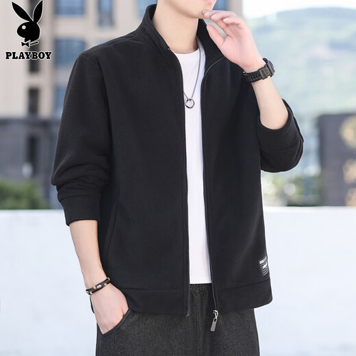 PLAYBOY Jacket Men's Jacket Men's Autumn and Winter Stand Collar Polar Fleece Loose Casual Top Black XL