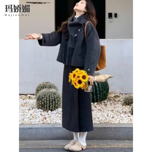 Majiaomei woolen fragrant dress women's suit 2025 winter new Korean style with a complete set of short coat and skirt coat + mid-length skirt M