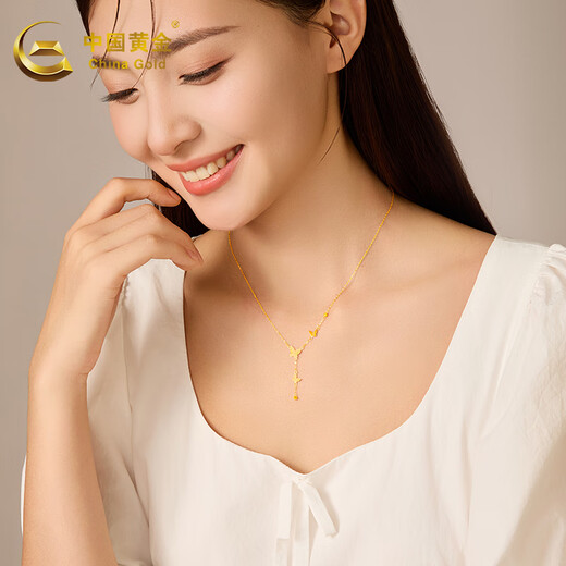 China Gold (CHINA GOLD) K gold necklace butterfly tassel set clavicle chain for mother, birthday gift for wife, Valentine's Day gift, about 1g