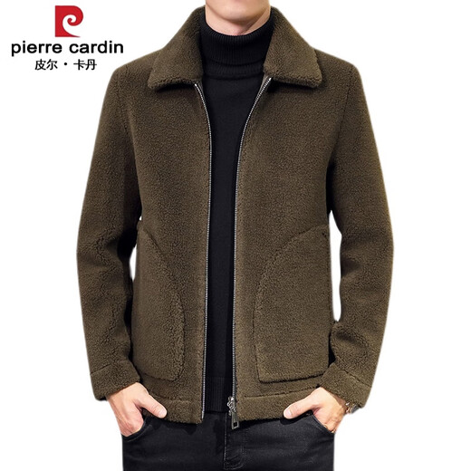 Pierre Cardin brand high-end men's clothing fur one-piece jacket men's loose woolen coat plus velvet thickening winter leather reversible wool velvet coat knitted brown warm and reversible 3XL
