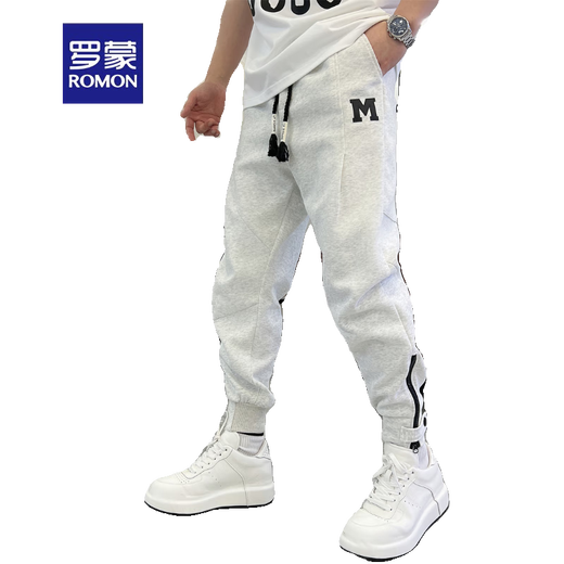 ROMON trendy zippered sweatpants men's spring and summer thin pants men's solid color Korean version slim feet harem pants casual trousers black 3XL