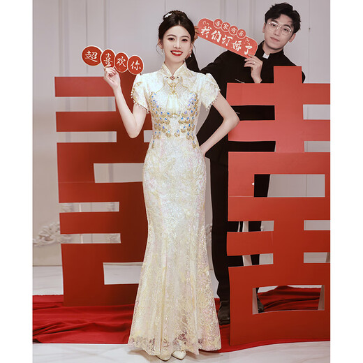 康美诗轻小众订婚婚纱礼服旗袍服中式2024敬酒新娘结婚鱼尾亮片裙轻奢回 酒红色 短袖 中长款 S