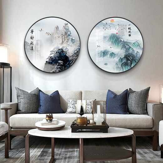 桐迪新中式圆形装饰画客厅沙发背景墙壁画过道走廊玄关画书房山水挂画 12156 一帆风顺 烤瓷镶钻-直径60-铝合金黑框
