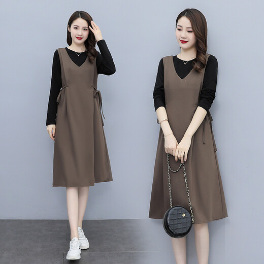 
Ding Weiwei pregnant women's spring and autumn dress suit trendy mother's fashionable loose strap skirt spring and autumn top two-piece set deep coffee XL